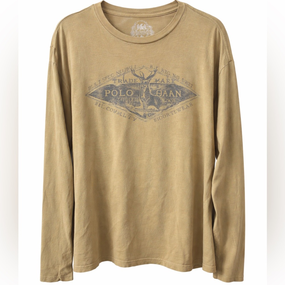 Vintage Polo Jeans Co Long Sleeve Graphic Tee Deer Logo Tan Shirt Size L Y2K